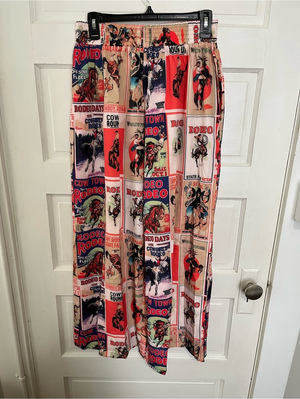 Southern Stitch Rodeo Poster Print Wide Leg Pants in Red, Cream, Blue M